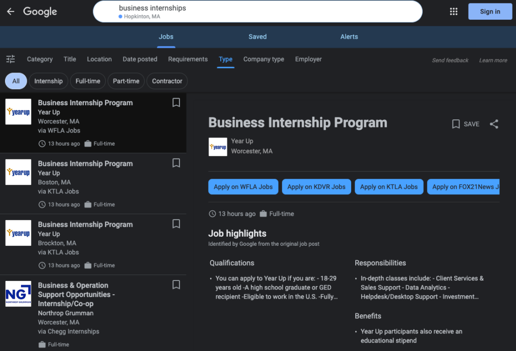 Google listing of business internship jobs.
