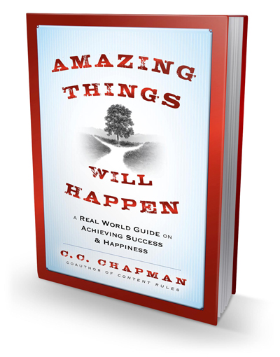 Red covered book with a tree and path in the middle titled Amazing Things Will Happen by C.C. Chapman