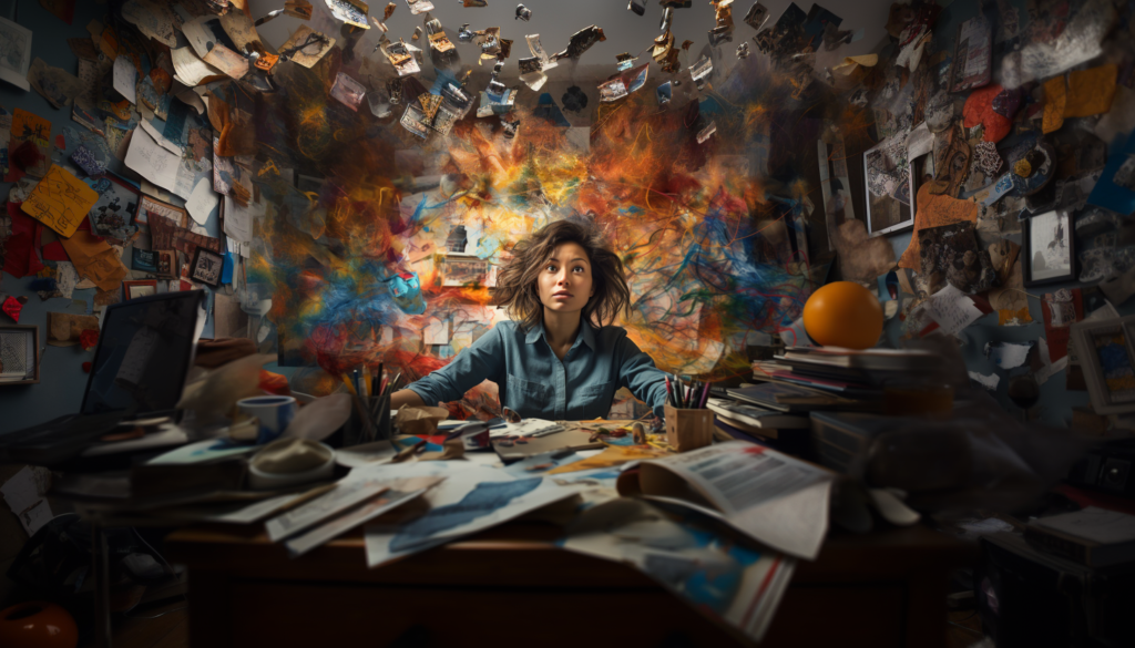 A young professor is surrounded by explosions of color.