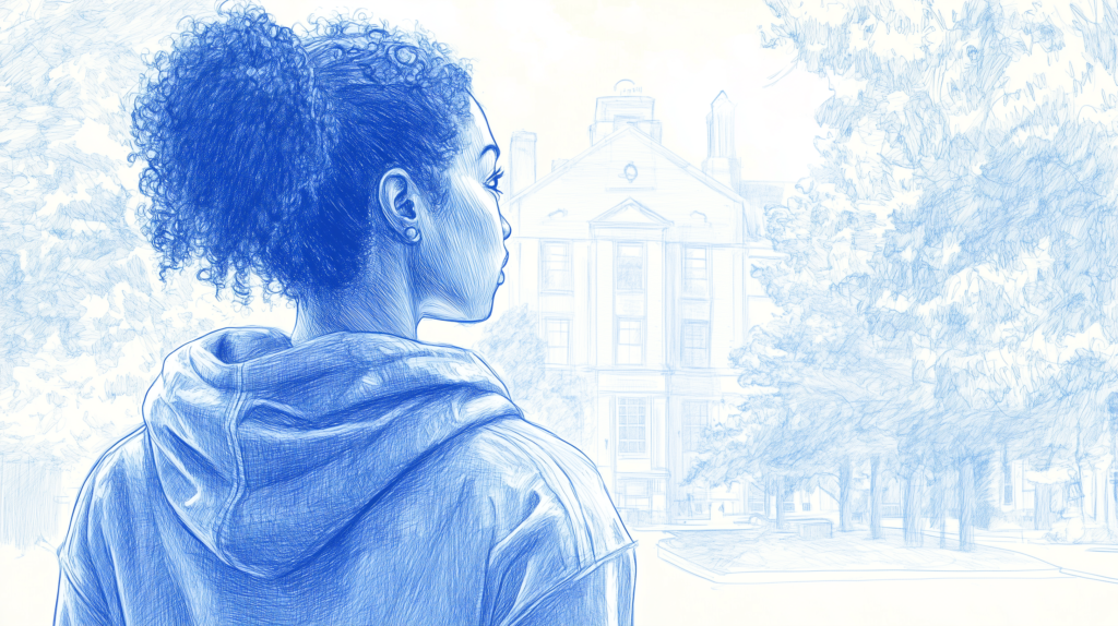 Sketch of a new college student looking out over their campus.